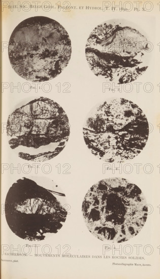 Macpherson. Mouvements moléculaires dans les roches solids, Overview of six microscopic enlargements of molecular motion in rocks, page, photomechanical print, inscription: 'Bull. Soc. Belge de Geol. de Paleont. et Hydrol. T.IV. 1890. l. X', inscription: 'Macpherson, photo.', photographer: unknown, maker: Maes, c. 1885 - in or before 1890, paper, autotypie, height 186 mm x width 120 mm, rocks, geology, A vertical page with six circular black-and-white images arranged in three rows and two columns, each circle showing varied grainy, mottled, and streaked textures resembling rock or mineral patterns; the circles display contrasts of dark and light areas with irregular shapes, veins, and layered bands; the top of the page shows a header area with small printed words, and the bottom has a narrow footer area with printed lines and small printed elements.