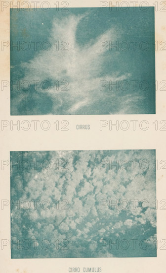 Cirrus, Cirro Cumulus, Two types of clouds, Cirrus and Cirro Cumulus, page, photomechanical print, inscription: 'Bulletin de la Societé belge d'Astronomie, número 1-2 Pl I.', c. 1890 - in or before 1896, paper, autotype, height 195 mm x width 114 mm, clouds, A vertically oriented page with two rectangular teal-toned cloud photographs separated by a pale margin, the top image shows wispy, streaked cloud formations against a darker sky and the lower image shows a denser pattern of small, rounded cloud puffs creating a textured surface, both photographs framed by a creamy off-white background with subtle age spots.