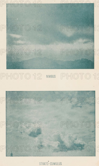 Nimbus, Strato-Cumulus, Two types of clouds, Nimbus and Strato-Cumulus, page, photomechanical print, inscription: 'Bulletin de la Societé belge d'Astronomie, número 1-2 PL. III', c. 1890 - in or before 1896, paper, autotype, height 195 mm x width 114 mm, Print five pages after page 272., clouds, A vertically oriented print with two rectangular photographic panels separated by a blank band, the top panel showing a grainy bluish sky with diffuse cloud bands above a faint silhouetted low mountain ridge, and the lower panel depicting a textured bluish sky filled with billowing cumulus clouds and a tiny dark spire at the lower left edge, all on a cream-colored background.