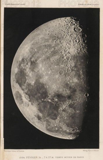 Photographie lunaire obtenue a l'observatoire de Paris, View of the moon, page, photomechanical print, inscription: '1894. Février 14. _ 7.H. 27M. Temps Moyen de Paris', inscription: 'Grand Equatorial coudé Echelle du cliché original', maker: Loewy et Puiseux, maker: Maurice Loewy, maker: Pierre Henri Puiseux, maker: Fillon & Heuse, 1894-02-14 - in or before 1896, Maurice Loewy, Loewy et Puiseux, Pierre Henri Puiseux, Fillon & Heuse, paper, photoaquatint, height 193 mm x width 131 mm, Print nine pages after page 272, moon as celestial body, A close-up black-and-white photograph of a crescent of the Moon filling most of the frame, showing a textured surface covered in numerous craters, ridges, and varying shades of gray; the illuminated lunar terrain displays rough, heavily cratered highlands and smoother, darker mare regions, with stark shadows accentuating crater rims and steep topography against a deep black background.