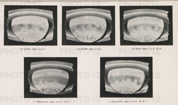 Dessins de Saturne exécutés par M. Leo Brenner a l'observatoire Manora, Five views of Saturn, page, photomechanical print, inscription: 'Pl II.', c. 1897-09-02 - c. 1897, paper, autotype, height 114 mm x width 210 mm, Saturn (planet), A pale sheet with five rectangular dark-framed grayscale oval illustrations arranged with three across the top and two across the bottom, each illustration showing a rounded, bowl-like form with layered rim at the top and a darker curved shadow along one side, faint cloudlike textures and small clusters of dotted marks within the central area, and small handwritten lowercase letters near the lower edge of each oval.