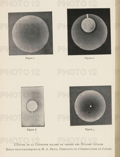 Four studies of the atmosphere surrounding the sun, L'Étude de la couronne solaire en dehors de éclipses totals, page, photomechanical print, inscription: '3e Année, no 4, PL VIII, Essais photographiques de MA Ricco, Director de l'Observatoire de Catane', maker: A. Ricco, c. 1893 - in or before 1898, paper, autotypie, height 139 mm x width 123 mm, Print two pages after page 100., sun as celestial body, A vertically oriented page showing four square photographic images arranged in a grid, two at the top and two below, each image containing circular gradient shapes on dark backgrounds; the top left image shows a large pale circle with a faint concentric ring, the top right image shows a large dark circle with a smaller pale circle overlapping near its upper edge and a short pale bar extending from the small circle upward, the bottom left image shows a vertical rectangular panel with a pale circle centered and a thin pale vertical strip extending above and below it, and the bottom right i...