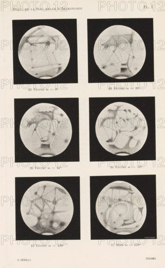 Six views of canals of Mars, page, photomechanical print, inscription: 'F Wylands', maker: Vincenzo Cerulli, maker: anonymous, c. 1894 - in or before 1899, paper, autotype, height 186 mm x width 118 mm, Mars (planet), A vertical sheet showing six round grayscale photographic plates arranged in three rows and two columns, each round image set against a dark square background and depicting abstract, blurry network-like shapes with connecting lines and shaded blotches; light cream paper surrounds the images with printed headings and short captions above and below the rows, and small printed names near the bottom corners.