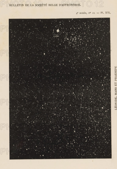 View of Leonides, Mars and Praesepe, Léonide, Mars et Praesepe, page, photomechanical print, inscription: 'Photographiés a l'Observatoire de Yale', maker: anonymous, c. 1894 - in or before 1899, paper, autotype, height 110 mm x width 152 mm, stars, Mars (planet), A rectangular print shows a dense field of small white dots and speckles on a dark background, resembling scattered light marks across a textured black area framed by a pale margin, with a slightly larger bright spot near the top center surrounded by faint circular marks and a few elongated streaks and irregular clusters of white marks toward the upper right; the dark field occupies most of the page with even distribution of varied dot sizes, and the pale border is visible around the edges.