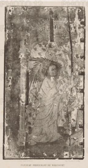 Photo reproduction of one of the Walcourt panels, the Annunciation, Panneau provenant de Walcourt, reproduction, page, photomechanical print, cliché maker: Asser & Toovey, after design by anonymous, printer (person): Simonau & Toovey, c. 1865 - in or before 1870, photographer, printer (person), paper, printing, photolithography, height 220 mm x width 120 mm, Print two pages before page 386., painting, drawing and the graphic arts, A vertical worn panel showing a faded angelic figure with layered wings and draped robes positioned in profile, hands raised toward a flowing ribbon near the face; the panel surface is distressed with areas of peeling, spots of loss, and dark vertical and horizontal marks; architectural elements including arches and a column appear behind the figure, and a stylized floral motif rises near the lower right; the image has a narrow border and an aged, uneven background texture.