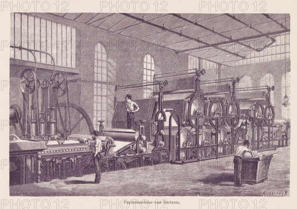 Reproduction of an engraving of a paper machine, Bertram Paper Machine, reproduction, page, photomechanical print, photographer: Rimmer van der Meulen (possibly), maker: Auguste Jahandier, maker: Charles Laplante, c. 1887 - in or before 1892, paper, printing block, height 110 mm x width 169 mm, printing press, An interior view of a large industrial room with high arched windows and a roof supported by visible beams, filled with a long complex array of interconnected machines with large wheels, rollers, gears, frames, and metal pipes, and belt mechanisms suspended near the ceiling; several men are present operating or standing by the machinery, one leaning on a large drum-like component and another pushing a large wheeled trough filled with material, while another man stands nearby observing; the floor area in front of the machines is open, and the walls and windows show crosshatch shading consistent with an engraved illustration.