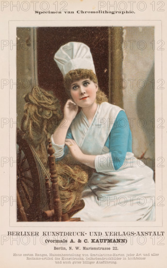 Portrait of an unknown woman behind a spinning wheel, Specimen van Chromolithographie, page, photomechanical print, inscription: 'Haus ersten Ranges, Massenherstellung von Gratulations-Karten jeder Art und aller, Advertising article des Kunstdrucks, Oelfarbendruckbilder in hochfeiner, und auch guter billiger Ausführung.', address: 'Berlin, NW Marienstrasse 22.', photographer: Rimmer van der Meulen (possibly), maker: Berliner Kunstdruck- und Verlags-anstalt, c. 1887 - in or before 1892, paper, four-color autotype, height 150 mm x width 107 mm, historical persons not known by name - BB - woman, spinning-wheel, A colored lithograph of a seated woman wearing a white chef-style hat and a white apron over a light blue dress, resting her head on her hand with an elbow on the back of a wooden spinning wheel draped with tangled golden-brown fibers, her face framed by short curly hair and a thoughtful expression, set against a dark brown and mottled background within a pale bordered page.