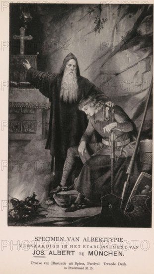 Specimen of Alberttypie, Reproduction of a design of a scene from Parzival, reproduction, page, photomechanical print, inscription: 'Proeve van Illustratie uit Spiess, Parcival. Tweede Druk, in Prachtbin M. 15.', photographer: Rimmer van der Meulen (possibly), maker: Joseph Albert, Munich, after design by anonymous, c. 1887 - in or before 1892, Bavaria, paper, collotype, photoprint, height 170 mm x width 109 mm, Perceval, An elderly bearded man in a hooded robe stands with one arm extended and the other resting on the shoulder of a seated armored young man who leans forward with his head bowed; the seated figure wears chainmail and a tunic with a sword held upright beside him and a helmet and shield nearby, while a small fire burns on the ground in front and a stone altar with a cross and an open book appears behind the standing man against a rocky backdrop with overhanging branches.