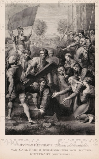 Reproduction of a steel engraving of Christ with the Cross, Sample of Illustration, reproduction, page, photomechanical print, inscription: '(Reduction of a Steel Engraving)', photographer: Rimmer van der Meulen (possibly), maker: Carl Ebner, Stuttgart, after print by anonymous, c. 1887 - in or before 1892, after print by, Baden-Württemberg, paper, collotype, photoprint, height 162 mm x width 110 mm, Print on third unnumbered page after page 148., the crucifixion of Christ: prelude to Christ's death on the cross (Matthew 27:34-44, Mark 15:23-32, Luke 23:33-43, John 19:18-24), A detailed black and white engraving shows a crowded scene with a central bearded man wearing a crown of thorns who is kneeling and leaning on a large wooden cross, surrounded by soldiers, onlookers, and several women. The soldiers wear helmets and armor and some hold spears or flags, one mounted on horseback. A group of men in varied clothing assist or restrain the central figure while others look on intensely. S...