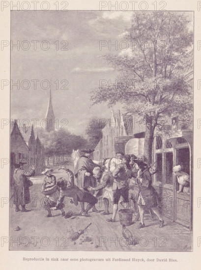 Reproduction in zinc after a photogravure from Ferdinand Huyck, by David Bles, Reproduction of an engraving from De Lotgevallen van Ferdinand Huyck by David Bles, reproduction, page, photomechanical print, monogram: 'AG ph.', cliché maker: unknown, after print by David Bles, c. 1887 - in or before 1892, David Bles, photographer, after print by, paper, autotype, height 157 mm x width 120 mm, Print in back booklet., adult man, street, falling, A monochrome illustration shows a village street scene with a group of people gathered near a building with arched windows and an open doorway; several men and boys wear period clothing including coats, breeches, and hats, and one figure leans out of the doorway observing the crowd. In the foreground a few figures are engaged in animated gestures, one man bends forward while another holds a stick or pole, and a woman stands carrying a basket. A horse is partially visible among the crowd, and a bucket and a broom lie on the ground nearby. To the rig...