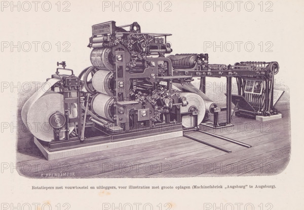 Reproduction of an engraving of a rotary press by Richard Brend'amour, Rotary press with folding device and guides, for large-edition illustrations, reproduction, page, photomechanical print, photographer: Rimmer van der Meulen (possibly), cliché maker: anonymous, after print by Richard Brend'amour, c. 1887 - in or before 1892, Rimmer van der Meulen, Richard Brend'amour, photographer, cliché maker, after print by, paper, printing block, height 95 mm x width 165 mm, printing press, An intricately detailed mechanical press sits on a rectangular platform, composed of multiple cylindrical rollers, gears, levers, and mounting frames linked by shafts and support beams, with a large roll of material positioned at one end and another roll partially fed through the machine; various rounded drums and ribbed rollers are visible along with toothed components, hinged plates, and a grated delivery section at the opposite end holding a sheet, all rendered in a monochrome engraved style against a ligh...