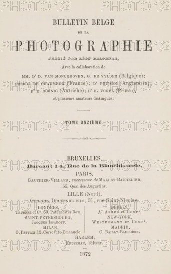 Bulletin belge de la photographie, magazine, annotation: 'OCT, 1997', editor (person who revises): Léon Deltenre-Walker, printer (person): L. Truyts, Brussels, publisher: various manufacturers, 1872, editor (person who revises), printer (person), textile materials, pasteboard, biological material, paper, linen (material), leather, printing, decorated paper, shell marbled paper, Woodburytype, height 240 mm x width 160 mm x thickness 17 mm, A cream-colored page showing a centered layout of printed elements in various serif typefaces and sizes, with a large bold word near the top in very large capital letters, smaller lines of text arranged beneath it in different styles, and horizontal decorative flourishes separating sections; the lower half features multiple columns of smaller text blocks and names aligned vertically, all printed in dark ink, with faint paper texture and small spots and aging marks visible across the page.