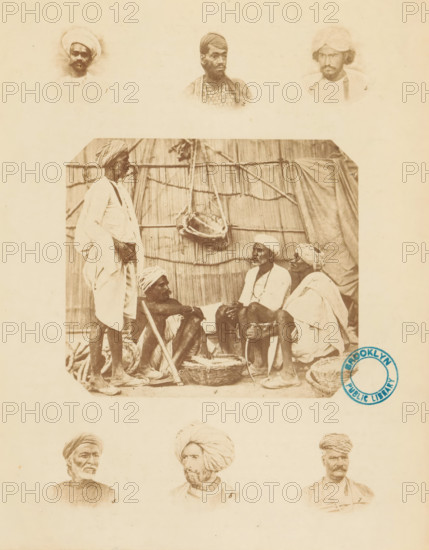 Collection of portraits and a company of Indian men illustrating various types of turbans. Plain and colored, photograph, page, inscription: 'PL. I., Costume-Illustrations', collector's mark: 'Brooklyn Public Library', printer (person): William H. Griggs, c. 1861 - in or before 1866, William H. Griggs, photographer, printer (person), paper, albumen print, height 260 mm x width 207 mm, historical persons, head-gear: turban, A sepia-toned image sheet with faded portrait heads along the top and bottom edges and a larger central photograph showing a group of men seated and standing in front of a woven reed or thatch backdrop; in the central scene one man stands wearing a wrapped head covering and loose garments while three others sit on the ground in traditional wraps and turbans, one leaning on a stick and another holding a long curved pipe, with baskets and a hanging object visible against the backdrop; the sheet shows a circular stamp near the lower right of the central photograph.