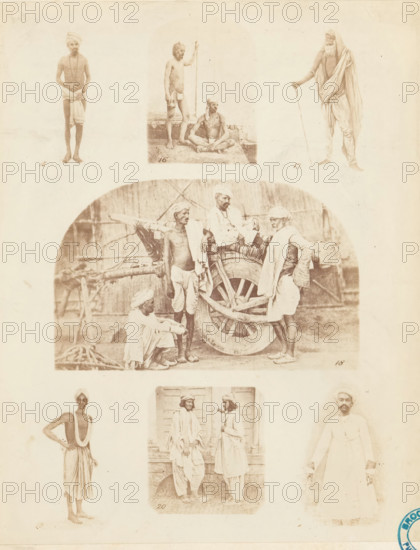 Male attire. cotton., Collection of portraits and a company of Indian men illustrating various men's clothing, photograph, page, collector's mark: 'Brooklyn Public Library', inscription: 'PL. III., Costume-Illustrations', printer (person): William H. Griggs, c. 1861 - in or before 1866, photographer, printer (person), paper, albumen print, height 260 mm x width 205 mm, historical persons, fashion, clothing, A faded sepia montage of several photographic portraits and group scenes arranged on a pale background, including an upper row with three figures: a standing man wearing a cloth wrap and a turban, a small inset showing one man seated cross-legged and another standing with a staff, and a bearded man draped in flowing fabric holding a cane; a central rounded-rectangle photograph of a group gathered around a large wooden cart wheel with men in turbans and wrapped garments standing, leaning, and sitting on and beside the cart, a coiled rope visible on the ground; lower panels showing a ...
