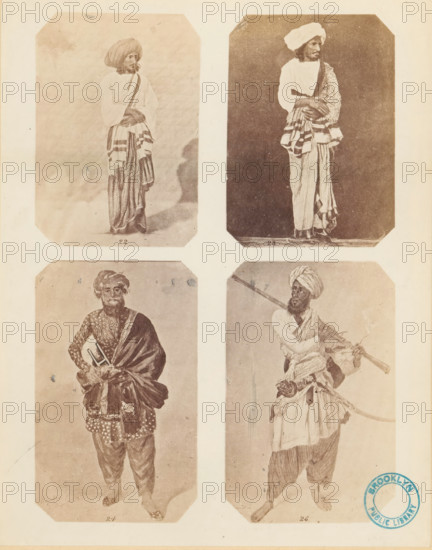 Male attire. cotton and silk., Photo reproduction with four portraits of Indian men illustrating various men's clothing, photograph, reproduction, page, collector's mark: 'Brooklyn Public Library', inscription: 'PL. IV., Costume-Illustrations', printer (person): William H. Griggs, after design by anonymous, c. 1861 - in or before 1866, photographer, printer (person), paper, albumen print, height 260 mm x width 205 mm, historical persons, fashion, clothing, A rectangular sheet shows four sepia-toned portrait panels arranged in a two-by-two grid, each panel featuring a standing man in traditional dress with headwraps and layered garments; the top left man faces slightly right with folded arms and a draped striped cloth, the top right man stands against a darker background with one arm across his waist and patterned fabric over one shoulder, the bottom left man wears patterned clothing and a draped shawl while holding an object near his waist, and the bottom right man holds a long staff d...