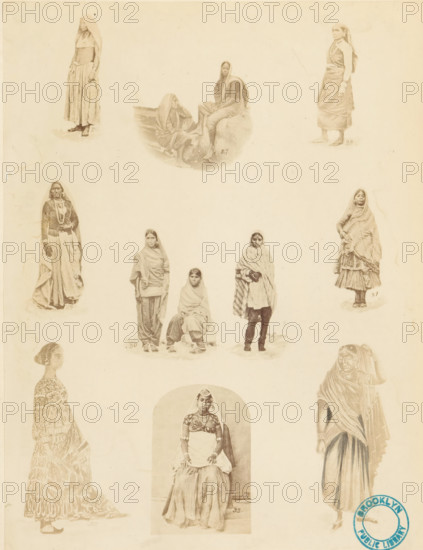 Female attire. cotton, &c., Collection of portraits of Indian women illustrating various women's clothing, photograph, page, Collection of photographs and drawings., inscription: 'PL. V., Costume-Illustrations', collector's mark: 'Brooklyn Public Library', printer (person): William H. Griggs, c. 1861 - in or before 1866, photographer, printer (person), paper, albumen print, height 260 mm x width 205 mm, historical persons - BB - woman, fashion, clothing, A faded sheet shows multiple sepia-toned portrait sketches of women arranged in vertical columns, each figure wearing traditional draped garments and head coverings in varied poses, some standing and some seated; the clothing includes layered skirts, shawls, patterned fabrics, and jewelry, and the faces display neutral expressions; the background is plain and aged with slight stains, and a round stamp appears in a corner.