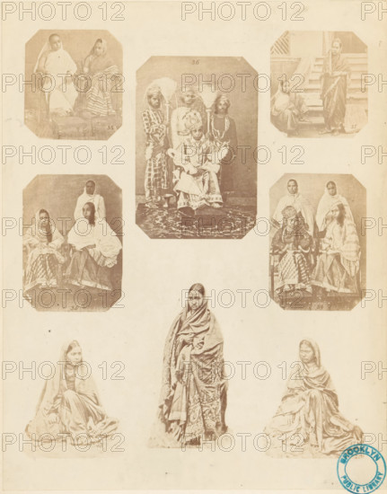 Collection of portraits of Indian women illustrating different women's clothing, Female attire. Muslins, silk, &c., photograph, page, inscription: 'PL. VI., Costume-Illustrations', collector's mark: 'Brooklyn Public Library', printer (person): William H. Griggs, c. 1861 - in or before 1866, photographer, printer (person), paper, albumen print, height 258 mm x width 204 mm, historical persons - BB - woman, fashion, clothing, The image shows a faded, sepia-toned sheet with multiple photographic portraits arranged in a grid-like layout. At the top center is a rectangular portrait of a seated child wearing ornate clothing and a headdress, flanked by three standing figures in turbans and patterned garments. Surrounding this central portrait are smaller octagonal-cornered photos depicting seated and standing women draped in shawls and long skirts, some posed on steps and some beside chairs. Below the central group is a full-length portrait of a woman standing and wrapped in a patterned shawl...