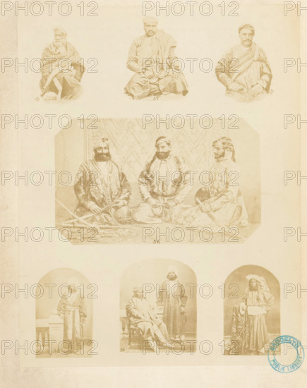 Collection of portraits of Indian men illustrating different men's clothing, Male attire. cashmere shawls. chogas, &c., photograph, page, collector's mark: 'Brooklyn Public Library', inscription: 'PL. VIII., Costume-Illustrations', printer (person): William H. Griggs, c. 1861 - in or before 1866, photographer, printer (person), paper, albumen print, height 258 mm x width 202 mm, historical persons - BB - woman, fashion, clothing, A faded sepia sheet contains several photographic portraits arranged vertically; near the top there are three seated men wearing patterned robes and head coverings, the central figure seated cross-legged with ornate patterned trousers, flanked by two men seated with draped shawls and turbans; below them a rectangular vignette shows three bearded men seated on a patterned carpet in front of a quilted backdrop, each wearing richly embroidered garments and headwraps, with curved swords and a round shield visible near their hands; further down are three arched por...