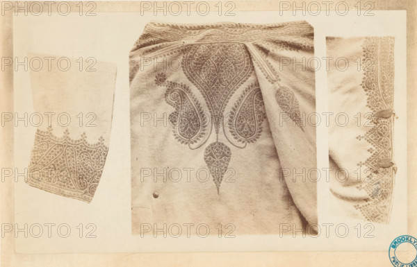 Ornamental braiding on 'choga' of cashmere cloth, Embroidered Indian clothing, photograph, page, inscription: 'PL. IX., Costume-Illustrations', collector's mark: 'Brooklyn Public Library', printer (person): William H. Griggs, c. 1861 - in or before 1866, William H. Griggs, photographer, printer (person), paper, albumen print, height 182 mm x width 295 mm, fashion, clothing, braiding, A sepia-toned image showing three cloth pieces with ornate embroidered paisley and floral patterns, arranged side by side on a lighter background; the left panel displays a rectangular fabric segment with dense border embroidery featuring curved motifs along one edge, the center panel shows a larger draped garment with symmetrical paisley medallions and a pointed teardrop motif below, plus a rounded fastener near the lower area, and the right panel presents a folded fabric edge with a scalloped embroidered border and small decorative knots along the seam.