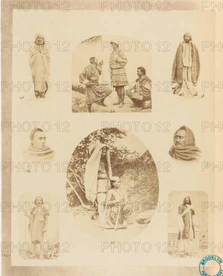 Collection of portraits of Indian men illustrating different men's clothing, Male attire. woolens and skins, photograph, page, inscription: 'PL. VII., Costume-Illustrations', collector's mark: 'Brooklyn Public Library', printer (person): William H. Griggs, c. 1861 - in or before 1866, photographer, printer (person), paper, albumen print, height 260 mm x width 205 mm, historical persons, fashion, clothing, A faded sepia print showing multiple small portrait and full-body photographs of people arranged on a pale background, including an oval central image of two individuals outdoors with one standing and draped in a long cloak and the other seated holding a long staff, smaller rectangular and rounded images around the central oval depicting men wearing cloaks, robes, and head coverings in standing, seated, and portrait poses, visible textured paper borders and a circular stamp partially visible at the lower right edge.