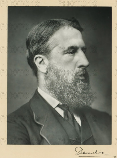 Our conservative and unionist statesmen division 1, book, photographer: various manufacturers, publisher: Newman, Graham & Co., London, c. 1900 - c. 1903, pasteboard, paper, printing, carbon print, height 367 mm x width 280 mm x thickness 23 mm, A grayscale close-up portrait of a man in profile showing his head, neck, and upper chest against a plain dark background, with neatly combed hair, a full bushy beard, and a mustache; he wears a collared shirt with a necktie and a dark suit jacket with visible lapels, and the image is framed by a light border.