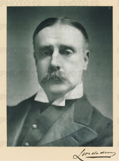 The most noble the marquis of Londonderry, KG, photograph, page, inscription: '55, Baker St, London, W.', annotation, photographer: Elliott & Fry, c. 1893 - c. 1903, paper, carbon print, height 228 mm x width 171 mm, Person, Charles Stewart Vane-Tempest-Stewart, historical persons (portraits and scenes from the life) ((full) bust portrait), A black and white portrait of an older man shown from the shoulders up, with neatly combed hair parted in the middle, a prominent bushy mustache, and a high stiff collar visible above a dark suit jacket and waistcoat with visible buttons.
