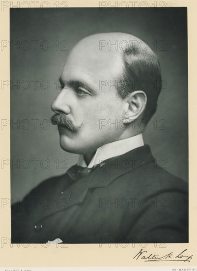The right honorable Walter Hume Long, photograph, page, annotation, inscription: '55, Baker St, London, W.', photographer: Elliott & Fry, c. 1893 - c. 1903, paper, carbon print, height 227 mm x width 171 mm, Person, Walter Long, historical persons (portraits and scenes from the life) ((full) bust portrait), A black and white portrait of a man shown in profile facing left with a neatly groomed mustache and a smooth, receding hairline, wearing a high, stiff collar and a dark suit jacket with a visible bow tie and lapel, framed by a light border.