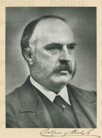 The right honorable lord Balfour of Burleigh KT, photograph, page, annotation, inscription: '36, Pall Mall, London, SW.', photographer: Melhuish & Gale, c. 1893 - c. 1903, paper, carbon print, height 227 mm x width 171 mm, Person, Alexander Bruce, historical persons (portraits and scenes from the life) ((full) bust portrait), A black-and-white portrait of an older man shown from the shoulders up, facing slightly to the right, with a receding hairline and short hair at the sides, prominent bushy sideburns and a thick mustache, visible facial wrinkles around the eyes and cheeks, wearing a dark suit jacket, vest, white shirt, and dark tie, against a plain neutral background with a light border around the image.