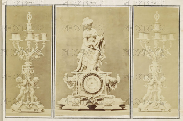 Reproduction of the painting The Miracle of the Broken Sieve, Intérieur de cuisine, print, reproduction, page, photomechanical print, inscription: 'Planche extraite du Dictionnaire de l'Ameublement, Édité par l'ancienne Maison Quantin. - May et motteroz, Directors', inscription: 'D'après le Miracle du Tamis, par J. Mostaert (Musée de Bruxelles)', inscription: 'État définitif d'une planche imprimé en neuf tons. 'Suivent les état successifs de tirage dans leur order d'impressions', inscription: 'Bourotte del.', maker: Librairies-Imprimeries Réunies (Ancienne Maison Quantin), after painting by anonymous, c. 1889 - in or before 1894, paper, autotype, chromolithography, key in autotype with chromolithography, height 180 mm x width 130 mm, kitchen, A sepia-toned triptych photograph showing three vertical panels separated by dark borders, with a central panel featuring a seated female statue holding a lyre and draped in flowing robes atop an ornate pedestal with a circular clock face and deco...