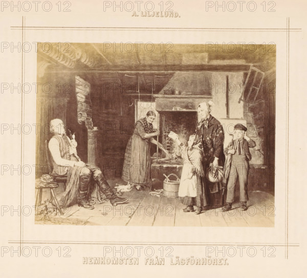 Hemkomsten Från Läsförhöret, Photo reproduction of a painting of a child returning home from a reading lesson by Arvid Liljelund, photograph, reproduction, page, photographer: Johannes Jaeger, after painting by Arvid Liljelund, c. 1874 - in or before 1879, paper, albumen print, height 132 mm x width 174 mm, family life at home, A framed sepia illustration shows an interior scene with a wooden floor and exposed beams, a large fireplace with a hearth, a seated older man holding a pipe, a woman tending the fire, a standing woman wearing a headscarf holding a basket, a young girl holding a paper up toward the fireplace, a boy standing with a cap and holding an umbrella, a small stool with cloth, a bucket and scattered small objects on the floor, and window panels and household items arranged around the hearth.