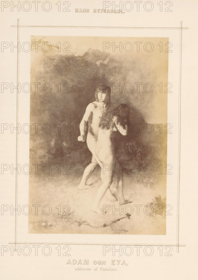 Adam och Eva, Photo reproduction of a painting of Adam and Eve by Hans Olaf Heyerdahl, photograph, reproduction, page, inscription: 'uddrevne af Paradiset.', photographer: Johannes Jaeger, after painting by Hans Olaf Heyerdahl, c. 1874 - in or before 1879, paper, albumen print, height 181 mm x width 126 mm, expulsion of Adam and Eve from paradise (Genesis 3:22-24), A faded monochrome print shows two nude figures standing on a textured ground with plants and scattered objects; one figure faces forward with shoulder-length hair and a clenched hand, while the other stands slightly in front with long hair obscuring the face and a raised arm; a hazy, clouded background fills the upper area and a simple rectangular border surrounds the image.
