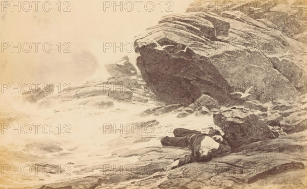 Perdu!', Photographic reproduction of a painting of a man washed ashore on a rocky coast, by Otto Ludvig Sinding, photograph, reproduction, page, photographer: Johannes Jaeger, after painting by Otto Ludvig Sinding, c. 1874 - in or before 1879, Johannes Jaeger, Otto Ludvig Sinding, photographer, after painting by, paper, albumen print, height 121 mm x width 195 mm, adult man, the corpse, rocky coast, A sepia-toned illustration of a rocky shoreline with waves breaking against jagged rocks, showing layered rock formations and foam along the waterline, a figure lying face up on the rocks wearing dark clothing with an exposed chest and an outstretched arm, and several seabirds flying or perched near the rocks, all framed by a wide margin with ruled border lines.