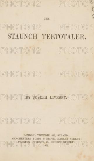 The staunch teetotaler, book, annotation: '24 issues, 1867, 68, £ 35 ...', annotation: 'NOV, 1994', writer (clerical worker): Joseph Livesey, publisher: William Tweedie, London, publisher: Tubbs & Brook, Manchester, Preston, c. 1869, writer (clerical worker), Lancashire, pasteboard, paper, textile materials, printing, albumen print, height 212 mm x width 147 mm x thickness 30 mm, A vertically oriented aged paper page with a creamy background and scattered small brown spots and stains, featuring a prominent bold line of uppercase black type near the top and a smaller line of centered black type below midpage, with additional smaller black type grouped toward the bottom; the paper shows uneven discoloration, faint smudges, and minor foxing across the surface.