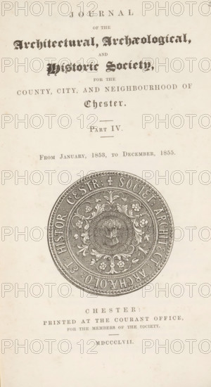 Journal of the Architectural, Archaeological, and Historic Society for the County, City, and Neighborhood of Chester, magazine, bookplate: 'EX, SFJ, LIBRIS', annotation: '124 members', number: '65', annotation: '2, 40 see p. 383 1857', date: 'DEC 1982', annotation: 'Sample Hillyard.', 1857, textile materials, pasteboard, linen (material), paper, printing, wood engraving, salted paper print, height 226 mm x width 145 mm x thickness 19 mm, A vertically oriented page with ornate printed headings in decorative serif and blackletter styles at the top, followed by a thin horizontal rule and a line of smaller text, then a large circular engraved seal occupying the central area featuring intricate floral scrollwork, a central sheaf motif, and a beaded outer border, and below the seal several lines of small printed text aligned center with spacing between them, all on a slightly aged off-white background with faint spots and paper texture.