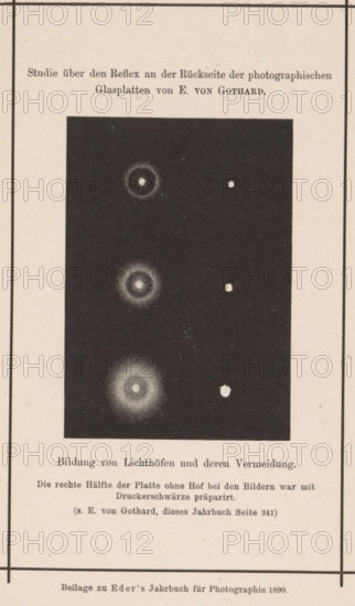 Abstract prints from glass negatives, page, photomechanical print, inscription: 'Study about the reflex on the background of the photographic glass plates for E. von Gothard, Bildung von Lichthöfen und deren Meidung, Die Rechte Hälfte der Platte ohne Hof bei den Images with a photographic background, Beilage zu Eder's Jahbruch für Photographie 1890', maker: Eugen von Gothard, c. 1885 - in or before 1890, Eugen von Gothard, paper, autotypie, height 87 mm x width 61 mm, Print on twenty-seventh unnumbered page after page 400., Abstract, Non-representational Art, A vertically oriented page with a narrow dark rectangular image centered, showing a solid black background containing three bright circular halos arranged vertically along the left side of the rectangle and three small irregular bright spots roughly aligned to the right of each halo; the page has thin black border lines near the edges and areas of light beige paper surrounding the central rectangle.
