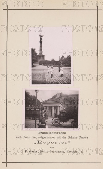 Two street views in Berlin, one with the Victory Column, page, photomechanical print, inscription: 'Probelichtdrucke, nach Negativer, aufgenommen mit der Geheim-Camera 'Reporter' von CP Goerz, Berlin-Schöneberg, Hauptstr. 7a., Beilage zu Eder's Jahrbuch für Photographie 1890.', maker: anonymous, c. 1885 - in or before 1890, paper, collotype, photoprint, height 105 mm x width 60 mm, Print on fifteenth unnumbered page after page 400., street (city(-scape) with figures, staffage), monument, statue (city(-scape) with figures, Berlin, Victory Column, A tall rectangular sheet with a thin dark border contains two pasted rectangular photographs centered vertically, the upper photograph showing a cobblestone path leading toward a tall column topped by a winged statue with trees and lampposts nearby and three children and an adult standing on the path, the lower photograph depicting a street scene with a woman in period dress and hat standing near a lamppost, a horse-drawn carriage with a covere...