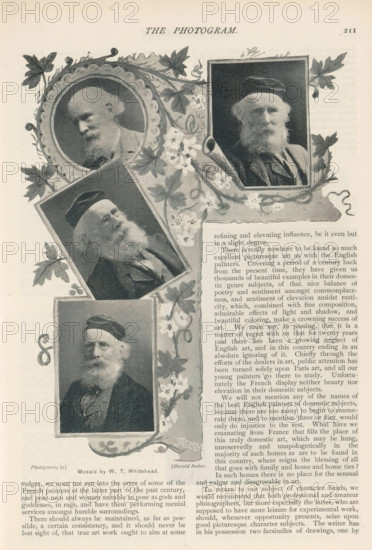 Photomontage of four portraits of unknown men with an illustration by WT Whitehead, page, photomechanical print, photomontage, photographer: Harold Baker, cliché maker: ACME Newspictures Inc. (possibly), illustrator: W.T. Whitehead, c. 1889 - in or before 1894, WT Whitehead, paper, autotypie, height 187 mm x width 117 mm, historical persons, A vertical page showing a decorative collage of four photographic portraits of an elderly man with a beard and cap placed within floral and leafy ornamental borders, the portraits varying in shape and angle with one circular frame near the top left, a rectangular portrait at the top right, a tilted rectangular portrait in the middle left, and a taller rectangular portrait lower left, all set against a light background with ornamental vines and blossoms weaving between the frames and a column of printed text visible on the right side of the page.