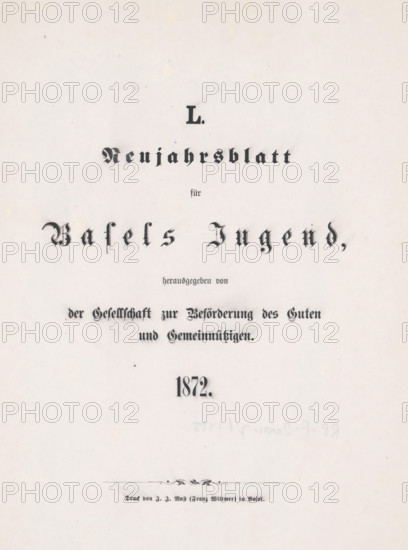 Neujahrsblatt für Basels Jugend, page, magazine, 1872, paper, albumen print, albumendruk, height 250 mm x width 200 mm x thickness 5 mm, The image shows a pale, slightly textured sheet with ornate dark decorative elements and stylized printed lines near the center and lower region, arranged vertically with generous blank space around them, and a small ornamental flourish above a short horizontal rule near the lower third of the sheet.