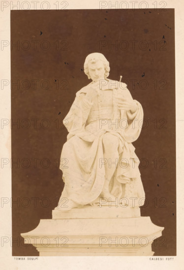 Statue of Evangelista Torricelli, photograph, page, photographer: Caldesi & Co, Italy, c. 1854 - in or before 1864, paper, albumen print, height 185 mm x width 123 mm, Photo opposite title page., Person, Evangelista Torricelli, monument, statue, A pale marble statue of a seated robed figure is shown against a dark rectangular background with a lighter border; the figure has wavy hair and a contemplative facial expression, one hand raised to the chin and the other holding a long slender object, while draped garments with folds cover the torso and legs and fall over the pedestal beneath.