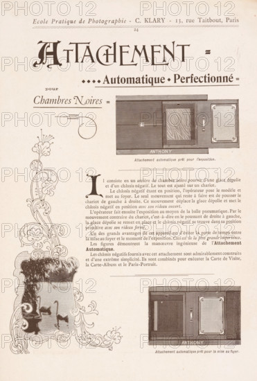 Portrait of an unknown woman, page, photomechanical print, maker: Charles Louis Klary (possibly), Paris, c. 1890 - c. 1900, paper, autotype, height 33 mm x width 33 mm, adult woman, A vertical page with decorative printed illustrations and ornamental borders, featuring stylized large heading lettering at the top, an engraved rectangular photographic apparatus drawing near the upper right, an ornate florid frame on the left containing a small landscape image with swans on water, a second engraved rectangular device drawing near the lower right, and multiple blocks of printed paragraph text in a serif type scattered between and beneath the illustrations.