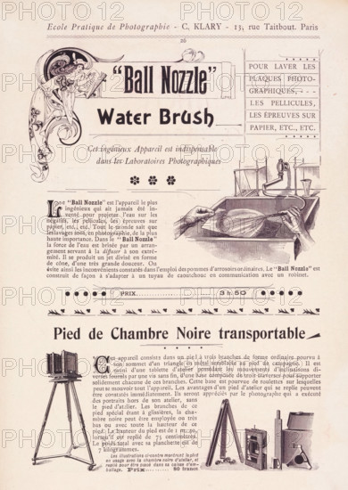 Portrait of an unknown woman looking up, page, photomechanical print, maker: Charles Louis Klary (possibly), Paris, c. 1890 - c. 1900, paper, autotype, height 37 mm x width 37 mm, adult woman, The image shows a printed advertisement page with decorative illustrations and columns of small printed text; at the top left is an ornate drawing of a robed, long-haired female figure leaning over a scroll-like banner, and to the right of that is a boxed panel of text. Below the banner is a decorative horizontal divider and a row of small floral motifs, followed by an engraved scene on the right depicting a pair of hands holding a large bulbous brush over a shallow tray with a spout and a faucet fixture nearby. The lower half of the page features an illustration of a tall tripod camera with a bellows camera mounted on it at left and another set of photographic equipment including a folded tripod, a wooden camera body, and a carrying case at right, all surrounded by columns of fine print and orna...
