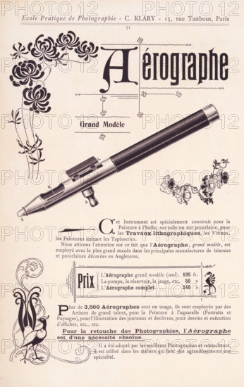 Aérographe, Photoreproduction of a drawing of the use of a device to color and retouch photographs, reproduction, page, photomechanical print, maker: Charles Louis Klary (possibly), Paris, after drawing by anonymous, c. 1890 - c. 1900, paper, autotype, height 88 mm x width 108 mm, colors, pigments, and paints, A vertically oriented printed page with a large stylized title at the top and decorative floral corner illustrations, featuring a detailed black-and-white engraved image of a pen-like instrument positioned diagonally across the page, additional ornamental floral clusters near the instrument, a small bird perched among swirling plant motifs at the lower left, several blocks of printed paragraphs and boxed pricing information, and ornamental borders and flourishes scattered around the margins.