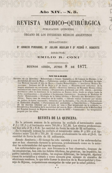 Revista médico-quirúrgica, magazine, publisher: Órgano de los Intereses Médicos Argentinos, Buenos Aires, supervision: Emilio R. Coni, 1877, paper, printing, albumen print, height 237 mm x width 160 mm x thickness 2 mm, A vertically oriented aged paper page with visible foxing and small stains, featuring a large centered title area in bold black type near the top, followed by several narrower lines of printed headings and smaller dense paragraph text below, all arranged with clear horizontal separations and decorative short rules, the lower portion filled with tightly set printed paragraphs and justified columns, and slight margin discoloration and smudging along the edges.