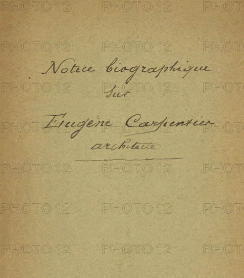 Notice biographique sur Eugène Carpentier, Dr. Le Bon, book, date: 'SEPT, 2000', annotation: 'cette notice contient, un hommage de l'autoriteit, M le Docteur Lebon, a C Sonneville', number: 'BR 791 1.200-', dedication: 'A Monsieur l'Architecte, Sonneville le ...ne élève de, Monsieur Carpentier., Hommage de l'autoriteit., D. LeBron', writer (clerical worker): Dr. Lebon, 1889, Dr. Lebon, writer (clerical worker), paper, printing, albumen print, height 245 mm x width 157 mm x thickness 3 mm, A tan sheet of textured paper with visible fibers and small speckles, featuring dark ink cursive handwriting near the top and center, including a long horizontal underline and a short horizontal line below it, with the upper portion of the page showing more concentrated ink marks and the lower portion mostly blank.