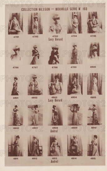 25 portraits of Lucy Gérard and Andral, Collection Nilsson - Nouvelle Série, page, photomechanical print, number: 'No 193', c. 1894 - in or before 1899, paper, collotype, photoprint, height 240 mm x width 153 mm, Person, Lucy Gérard, historical persons - BB - woman, A vertically oriented sepia-toned printed sheet showing a grid of small portrait photographs of women in period dresses and hats arranged in rows and columns, each portrait placed in a rectangular frame with space below; the women are posed seated or standing, wearing long gowns, ornate hats, fur stoles, or holding parasols and bouquets, with varied seated props such as chairs and small tables; curtains and plain backdrops appear behind many portraits; the overall page has a wide margin and a consistent faded, antique appearance.