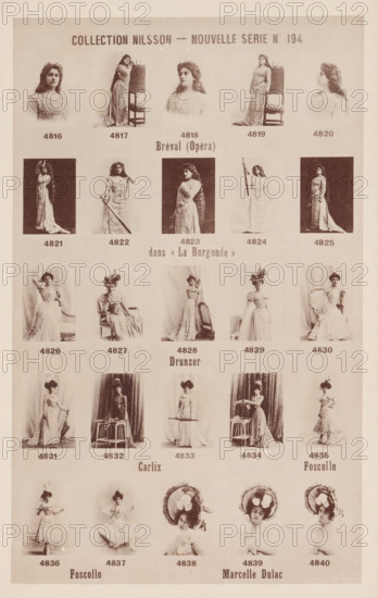 25 portraits of Bréval, Drunzer, Carlix, Foscollo and Marcelle Dulac, Collection Nilsson - Nouvelle Série, page, photomechanical print, inscription: 'Bréval (Opéra), dans &lt, &lt, La Burgonde &gt, &gt, Foscollo, Foscollo Marcelle Dulac', number: 'No 194', c. 1894 - in or before 1899, paper, collotype, photoprint, height 240 mm x width 154 mm, historical persons - BB - woman, A cream-toned printed sheet with multiple rows of small sepia portrait and full-length photographs of women in period dresses, each photo framed by pale margins and arranged in a grid across the page, showing a variety of poses including seated, standing, and holding props such as chairs, umbrellas, and a sword, with several women wearing hats or elaborate headpieces and long flowing gowns with lace and decorative details; the top of the sheet features a larger heading area, and the images are separated by pale bands with space for small captions beneath each photograph.