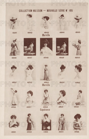 25 portraits of Marville and Capabianca, Collection Nilsson - Nouvelle Série, page, photomechanical print, number: 'No 195', c. 1894 - in or before 1899, paper, collotype, photoprint, height 240 mm x width 153 mm, historical persons - BB - woman, The image shows a vertically oriented page with rows of sepia-toned portrait photographs of women arranged in a grid, each portrait depicting a woman in vintage dress or draped fabric with varied poses and hairstyles, some wearing hats and some holding props like flowers or seated on chairs; there are headings and short lines of darker text centered above and between some rows, and small dark captions beneath each portrait; the page background is a pale, aged paper tone and the photographic squares and rectangles have soft faded edges.