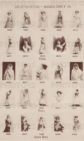 25 portraits of Fraisia and Carmen Rocca, Collection Nilsson - Nouvelle Série, page, photomechanical print, number: 'No 196', c. 1894 - in or before 1899, paper, collotype, photoprint, height 240 mm x width 154 mm, historical persons - BB - woman, The image shows a sepia-toned sheet with rows of small portrait-style photographs of a woman in various poses and outfits, including hats, shawls, and dresses. The woman appears in full-length and bust views, sometimes standing, sometimes seated, sometimes with one arm raised or hands near her face, and sometimes holding a prop like flowers or a staff. Some portraits are framed against plain backdrops or draped fabric, and others show the woman wearing different head coverings or veils. The layout is a grid with consistent spacing between each photograph and small blank areas separating the rows. The overall appearance is vintage, with soft lighting and subtle fading across the sheet.