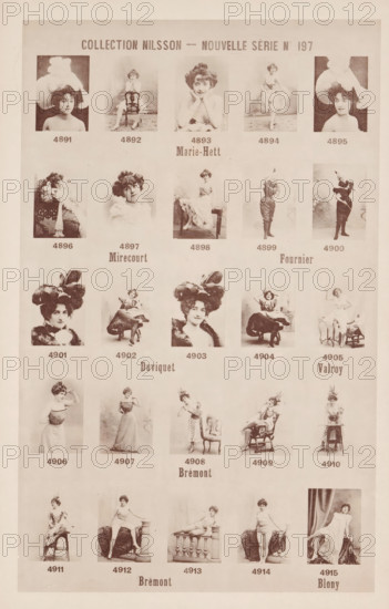 25 portraits of Marie-Hett, Mirecourt, Fournier, Duviquet, Valroy, Brémont and Blony, Collection Nilsson - Nouvelle Série, page, photomechanical print, number: 'No 197', c. 1894 - in or before 1899, paper, collotype, photoprint, height 240 mm x width 153 mm, historical persons - BB - woman, A faded poster page with rows of small sepia photographic portraits of women in vintage costumes and poses, each portrait framed by light borders and arranged in a grid across the page; the women wear a variety of dresses, hats, and theatrical outfits, and appear in seated, standing, and playful stances often accompanied by chairs or props, with several images showing elaborate feathered hats and ruffled garments, some portraits are close-up head-and-shoulder shots while others show full bodies, and the overall page has a worn, aged paper background with centered headings and labels above and below groups of portraits.