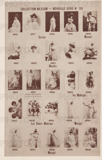 25 portraits of Sorano, Manuel, Mendès, the Madcaps sisters and Margyl, Collection Nilsson - Nouvelle Série, page, photomechanical print, number: 'No 198', inscription: 'Sorano Manuel, REINE DES REINES, Carnaval de la Mi-Carème les Madcaps, Les Soeurs Madcaps Margyl, Margyl', c. 1894 - in or before 1899, paper, collotype, photoprint, height 239 mm x width 152 mm, historical persons - BB - woman, A vertically oriented sepia-toned sheet shows a grid of portrait and full-length photographic panels of women in vintage dresses and poses, arranged in rows and columns with small rectangular photo frames separated by light margins; the top row features close and mid-length portraits of women with various hairstyles and garments, including a seated woman in a light gown, a smiling bust portrait, a standing figure draped in fabric, and a woman resting her arm on a prop, each image surrounded by a pale border; the second row contains seated and bust images with a standing ornate-gowned figure in ...